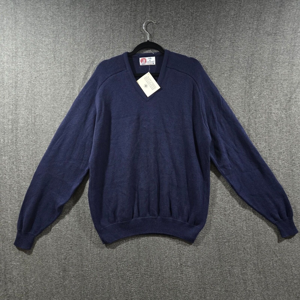 VINTAGE Isle Of Cotton‎ Mens Sweater Pullover Cotton Navy Blue V Neck USA XL NWT
